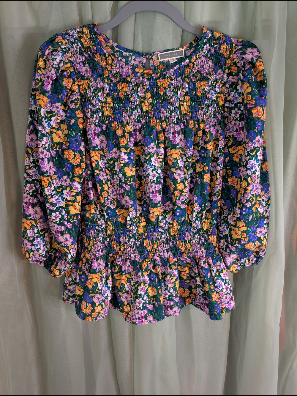 Pleione Floral Smocked Peplum Blouse - Purple, Yellow, Green